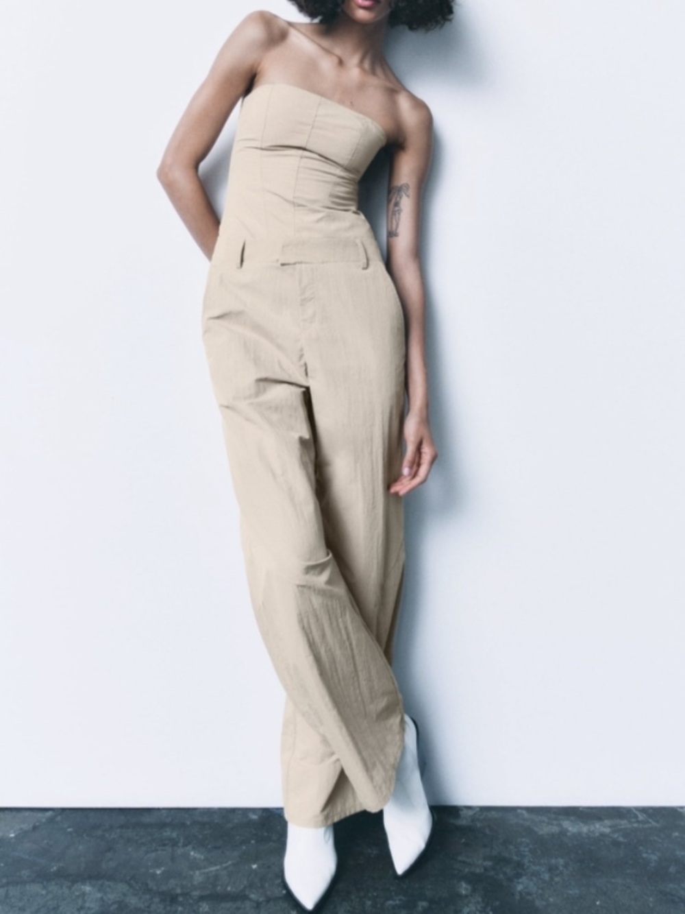 Zara Strapless Wide-Leg Jumpsuit Pants - Beige